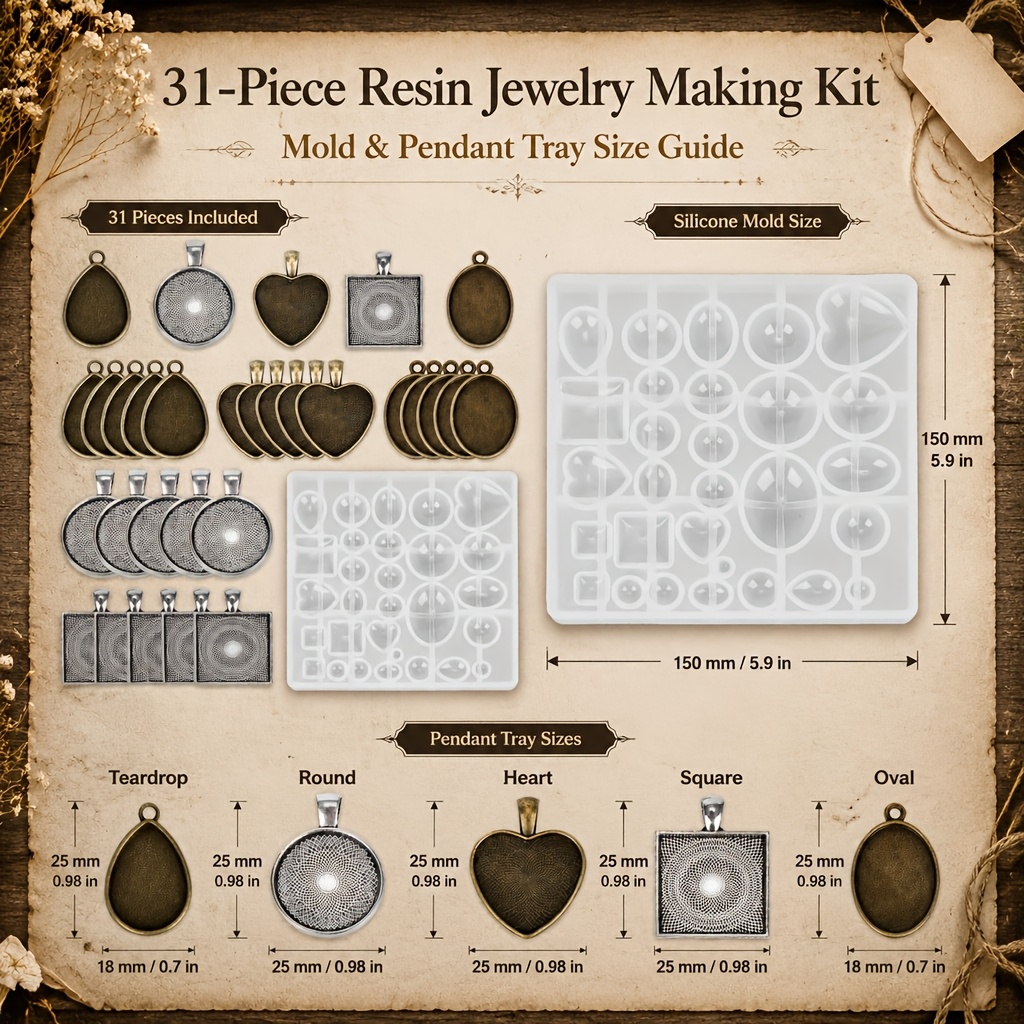TEMU Resin Jewelry Molds Pendant Trays Making Kit, 31pcs Metal Pendant Trays With Silicone Epoxy Casting Mold For Charms, Pendants, Keychains, Decor