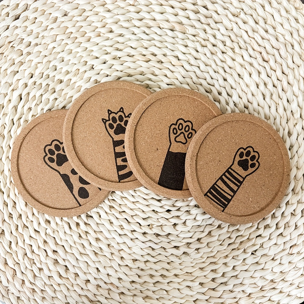 TEMU 4個セット ティブコルクコースター 猫好きのための刻印されたかわいい猫の足柄のラウンドエッジの厚手コルクコースターマット、スタイルのレカフェ装飾コースター、マグカップ、グラス、コーヒー・紅茶・ホットドリンクカップ用、新年のギフトに