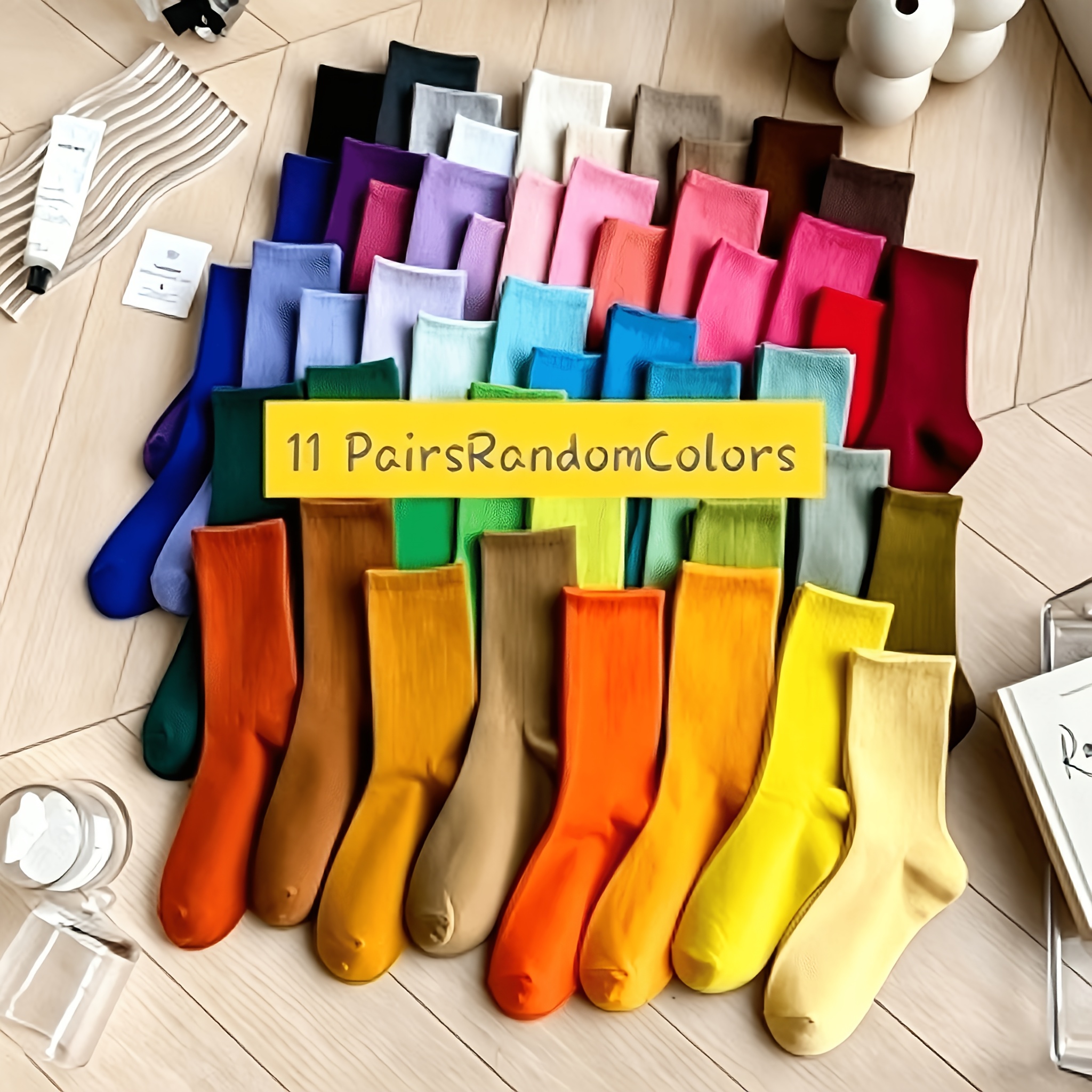 TEMU 51 Random Colors 5/11 Pairs Women's Mid-calf Socks, Spring Solid Socks, All- Socks For Daily Leisure, Breathable And Comfortable Socks, High-end