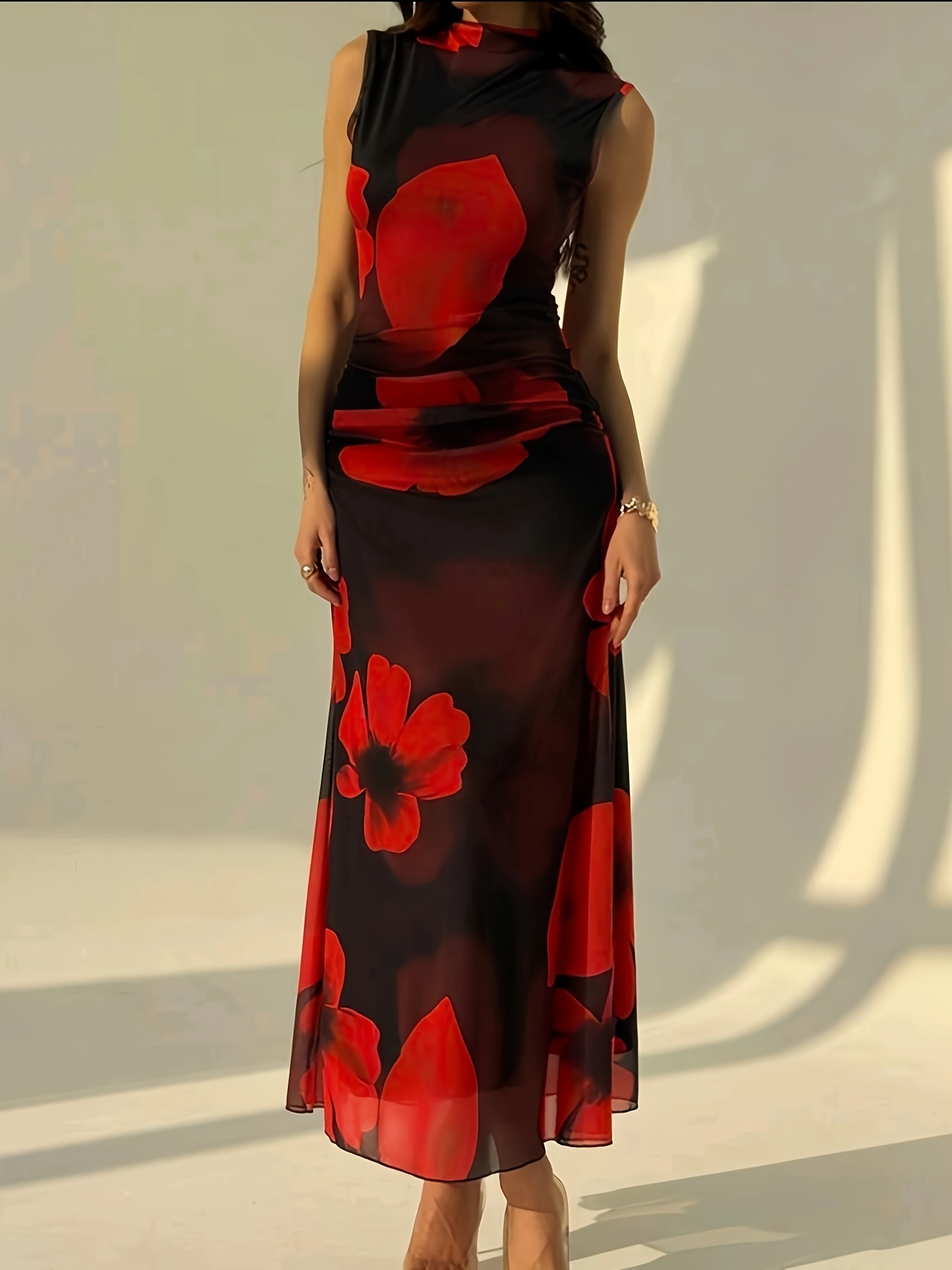 spring summer elegant floral print sleeveless maxi dress - Temu