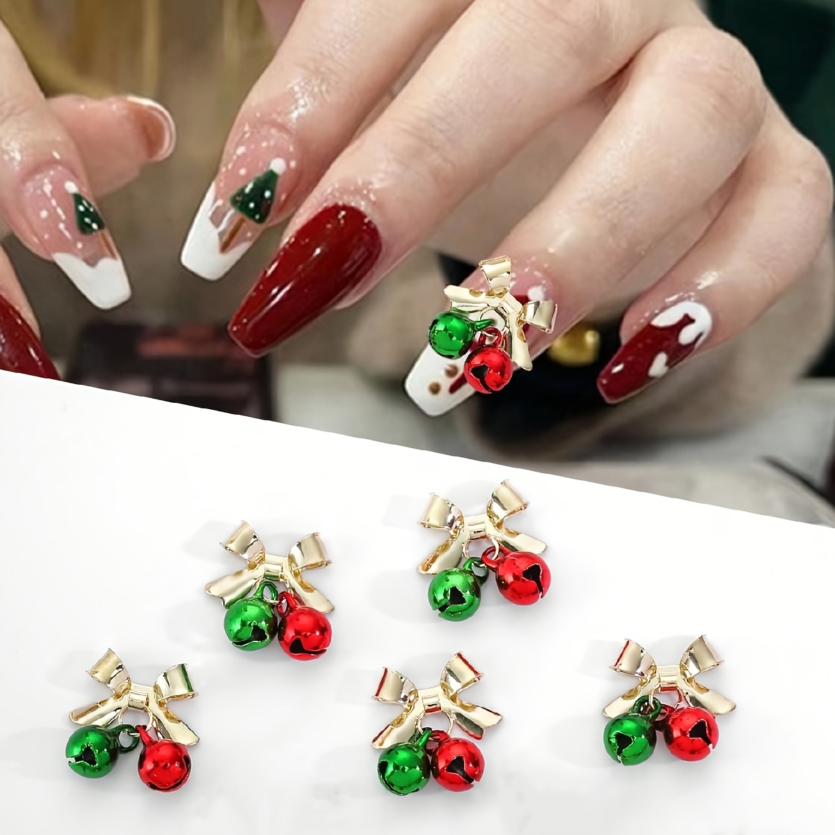 

[customer ] 10pcs Christmas Bell Nail Charms - 3d Alloy In Red, Green, Pink & Silvery For