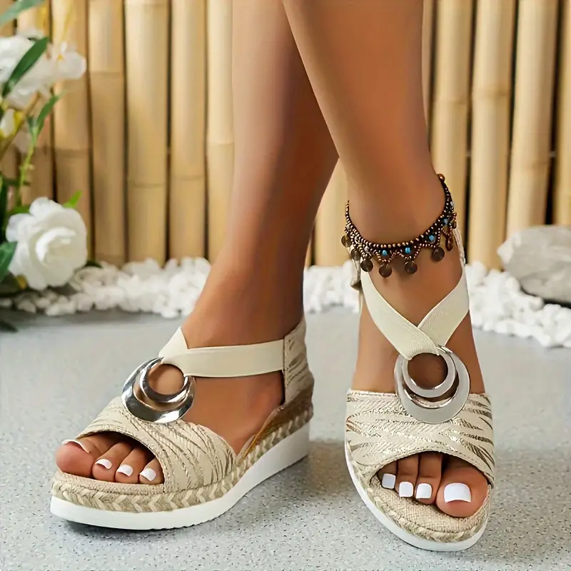 womens strappy back wedge sandals summer casual open toe shoes with metallic accents eva sole fabric upper slip Product details 7