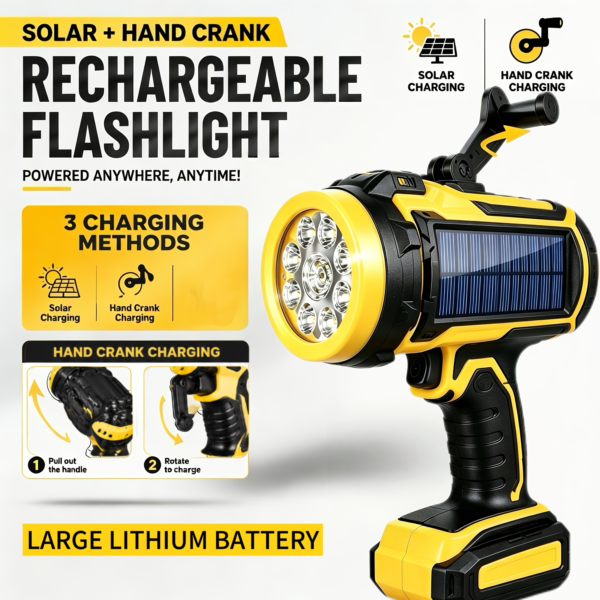 TEMU Hand Crank Solar Flashlight, Solar Rechargeable Flashlight For Work, Rechargeable Usb Flashlight, Portable Led Light Suitable For Camping,