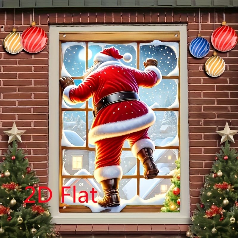 2D Plat Banner Polyester Kerstman Glurend Raamdecoratie - Multifunctionele Stof Muursticker voor Feestelijke Binnen Gebruik, Santa Claus Raamstickers
