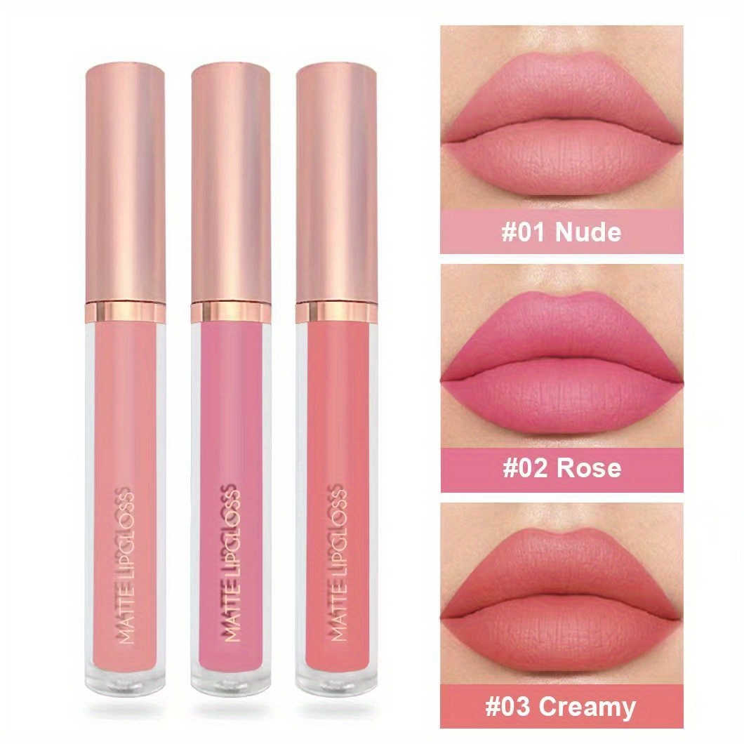 Image of 3pcs Matte Lipstick Lip Gloss Set | Waterproof Cup, Liquid Lipstick, Lip Glaze, Mixed In Pink, Purple, Red Line, Fade-resistant, Ideal Valentine's Day Gift For Women