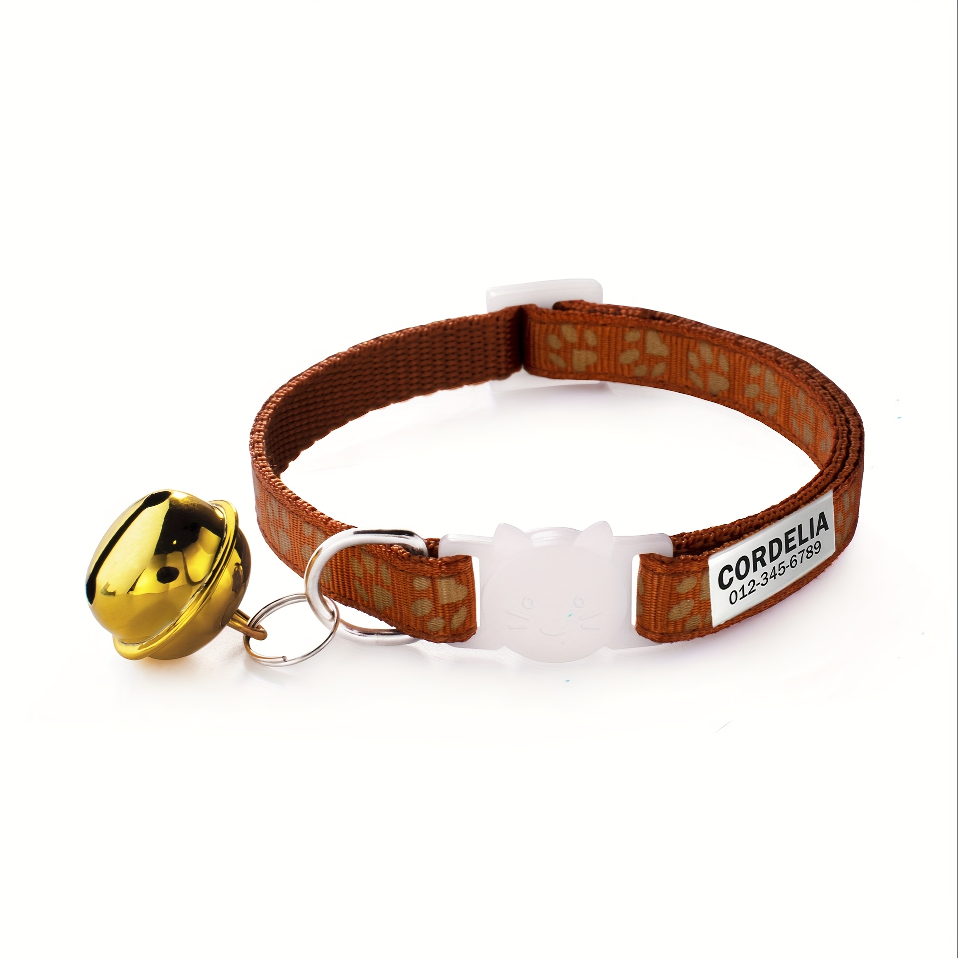 Customizable Golden Paw Print Patterned Adjustable Cat Collar with Bell