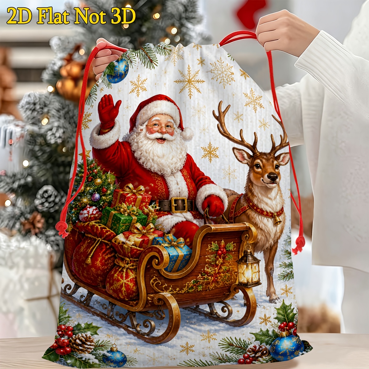 TEMU 1pc 1pcs Suitable For Christmas Gift Bags With Santa Claus Sleigh & Reindeer - Reusable Multicolor Adjustable Drawstring Closure Wrapping Bags