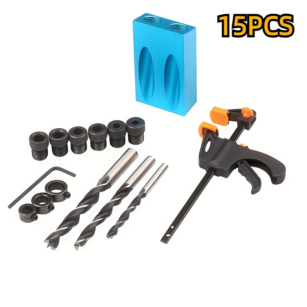 Image of 15pcs Pocket Hole Jig, Dowel Drill Kit Hole Screw Jig With 6/8/10mm Drive Adapter For Woodworking Angle Drilling Holes, Angle Carpentry Locator Jig