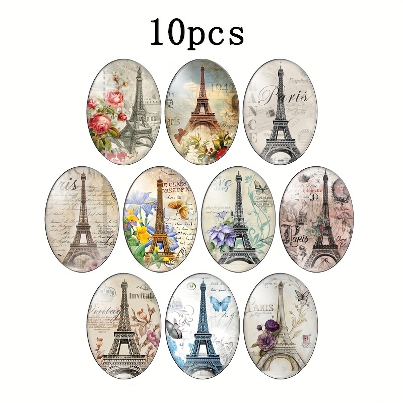 

10pcs Oval Glass Cabochons With Vintage Paris Eiffel Tower Art Paintings, 18x25mm Jewelry Making Flatback Inserts For Pendants, Rings & Diy Crafts