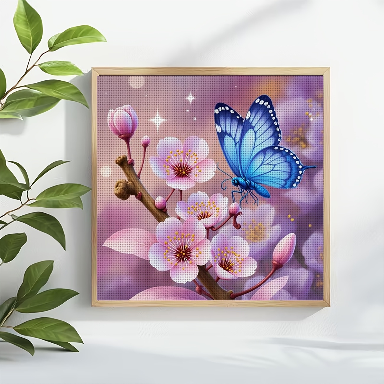 Cross-Stitch Printing Kit Without Frame, Blue Butterfly on Pink Flower Design