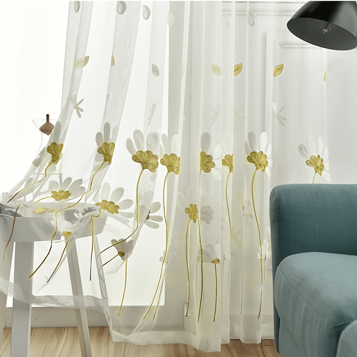 TEMU 1pc, , Light Yellow Daisy Embroidered Sheer Curtain, , Breathable Mesh Fabric, Rod Pocket, Washable, Lightweight And Quick-drying, Beautiful And