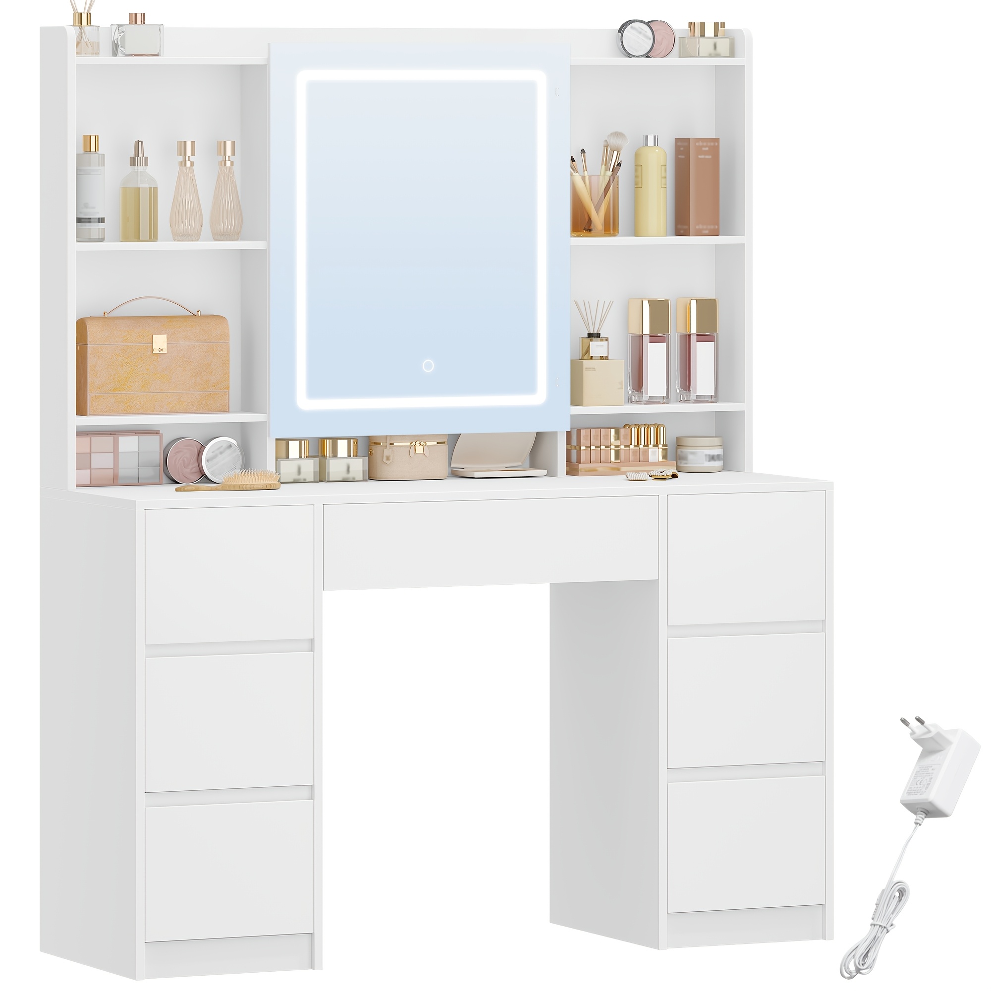 Dressing Table Featuring , Large Led Mirror, Adjustable Brightness, Drawers, 4 Shelves, And Storage Area , In