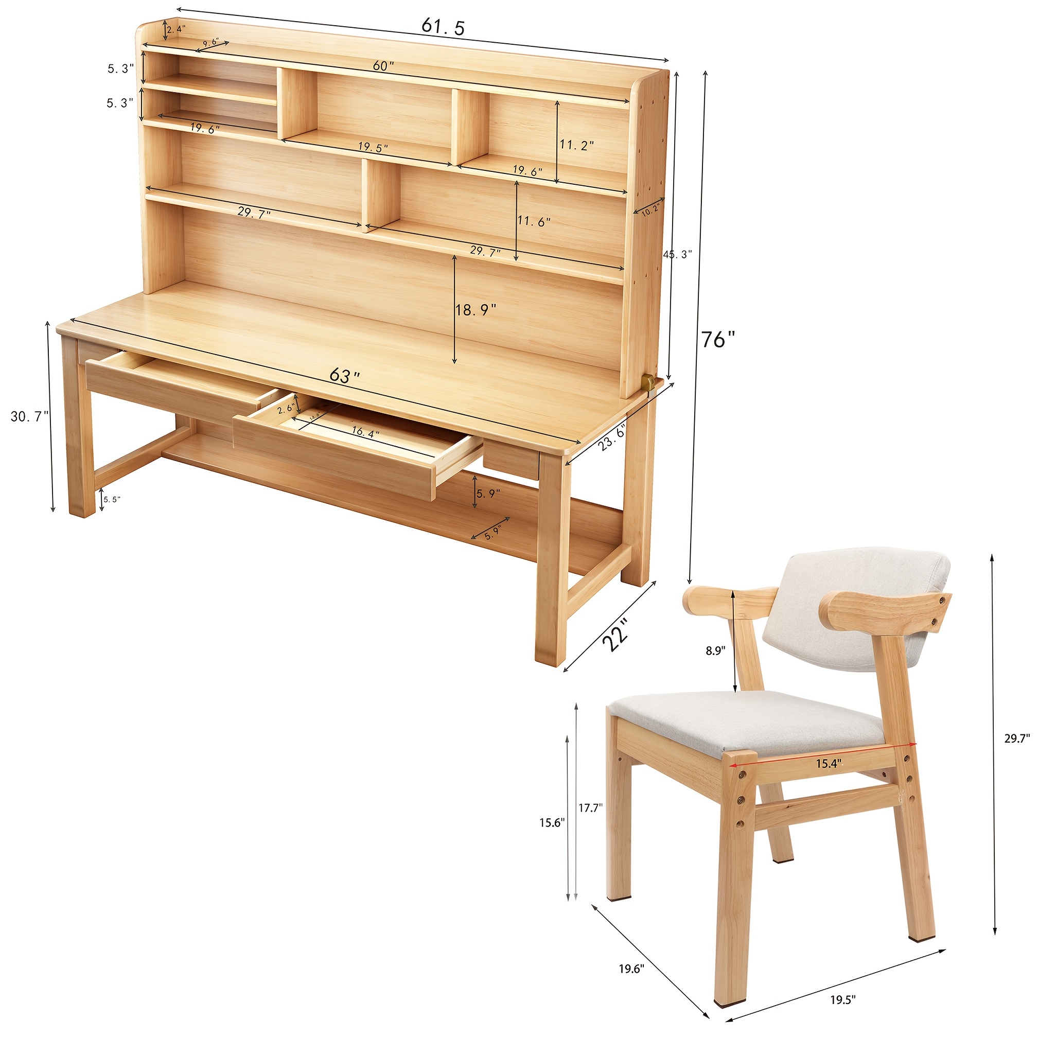 63 modern solid wood desk with built in bookshelf 2 chairs space saving writing desk shelf combo suitable for small apartments dorm rooms study desk assembly Product details 3