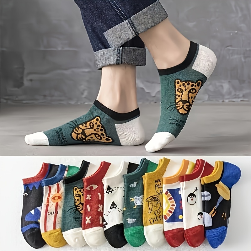 E-shop Zehn Paar Universal-Kurzsocken mit Cartoon-Doodle-Mustern, aus bequemem, atmungsaktivem geruchsresistentem Stoff