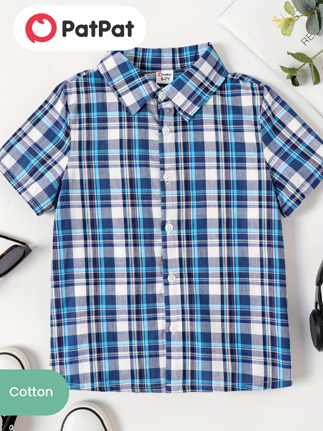 Kid Boy Lapel Collar Button Design Short-sleeve Plaid Shirt