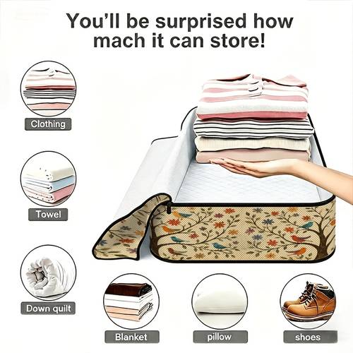 2d flat printing large capacity underbed storage box colorful birds and trees clothing organizer bag soft fabric dust proof and space saving for closet bed travel storage seasonal clothing and bedding storage box