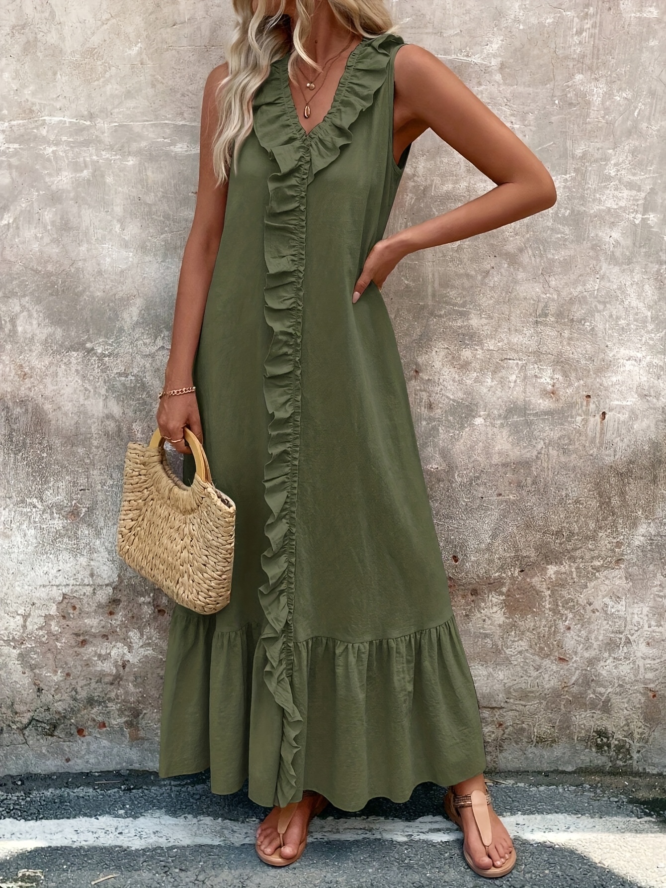elegant womens sleeveless maxi dress v neck ruffle hem solid green polyester   spring summer   ruffle hem dress polyester dress green 0