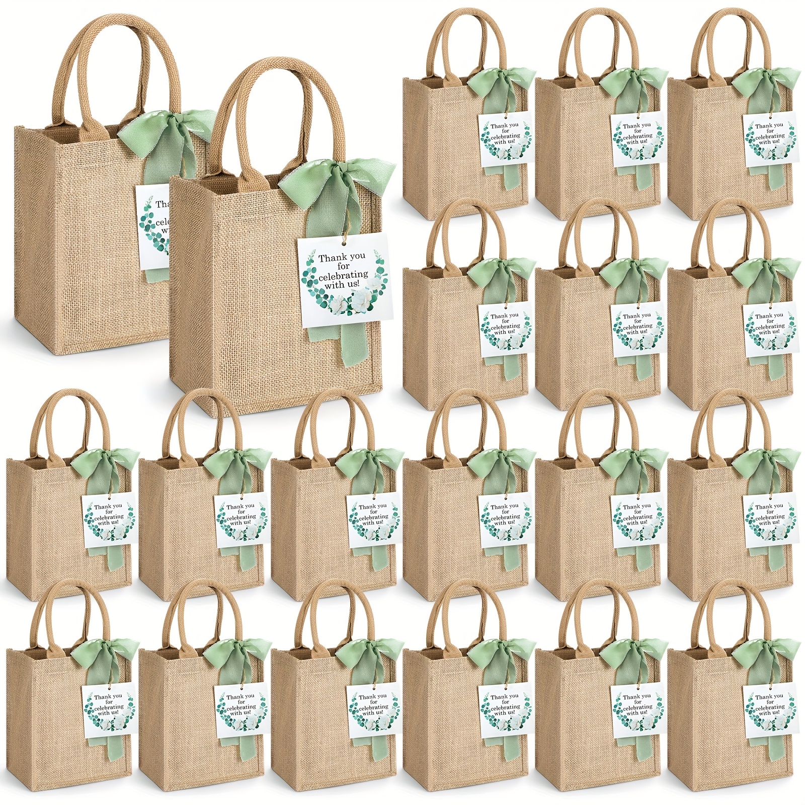 TEMU 20 Pack Burlap Tote Bags With Handles Reusable Jute Gift Bags Thank You Gift Tags Chiffon Ribbons For Wedding Invitations Parties And Baby