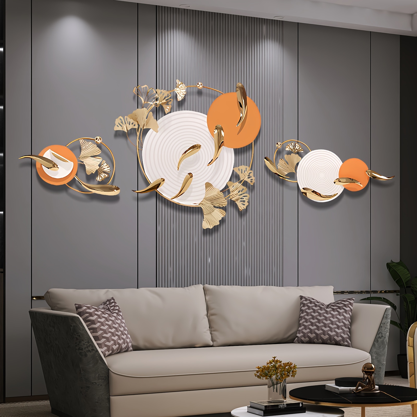 

Large Metal Wall Art Decor For Living Room Golden Modern Luxury Oversized 3d Ginkgo Leaf Coldfish Decor Wall Sculpture For Bedroom Kicthen