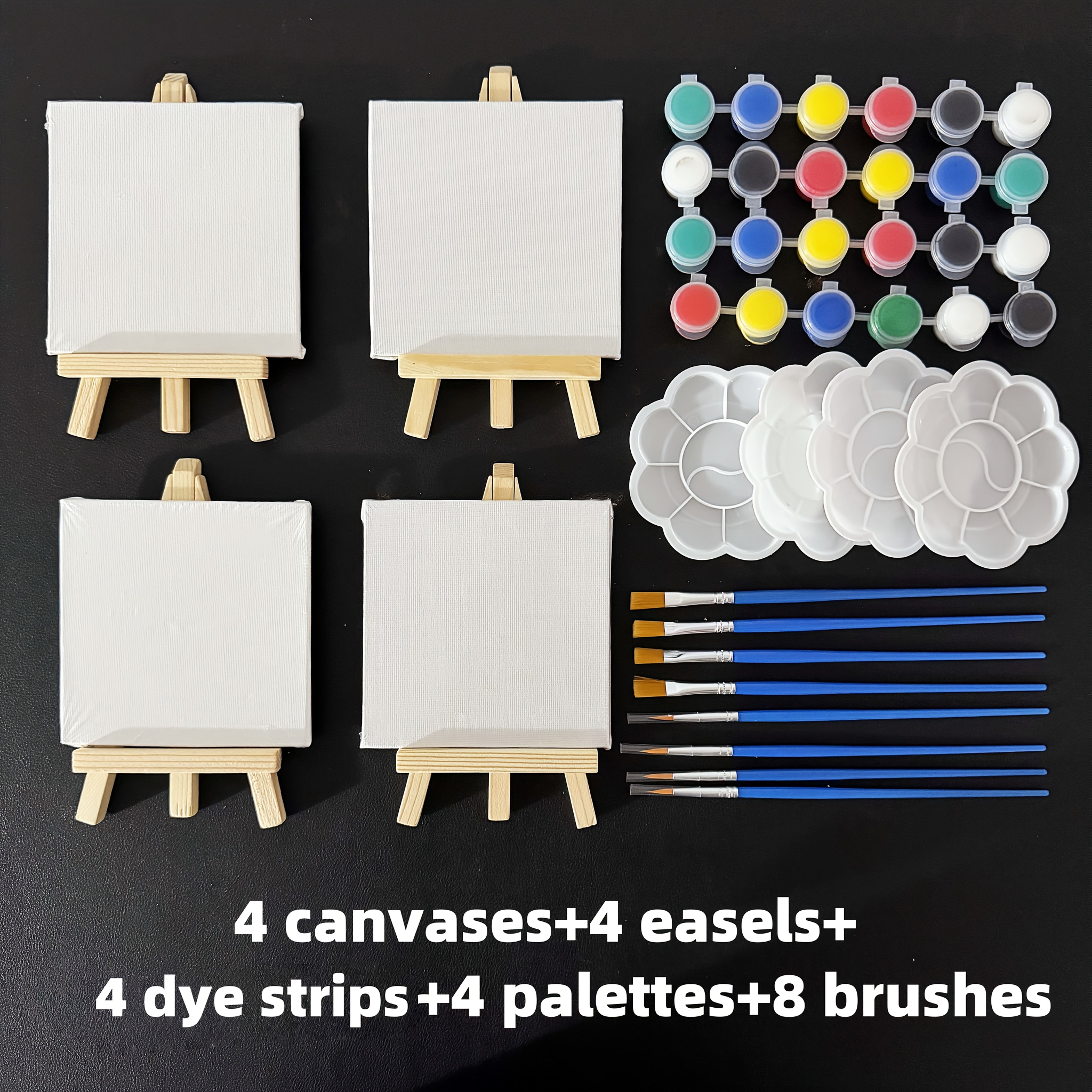 TEMU 24pcs 4x4 Inch Acrylic Paint Kit With Easel, Brush, Paint Strips And Palette, Portable Pigment Set, Mini Easel And Canvas Set, Ideal Gift For