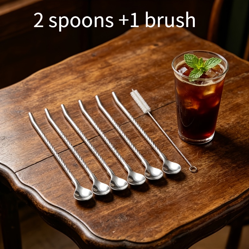 TEMU 2-in-1 Strohhalme und Löffel mit Reinigungsbürste, Spiralstrohhalme aus Edelstahl, robustes Metall-Strohhalme-Set mit Reinigungsbürste, geeignet