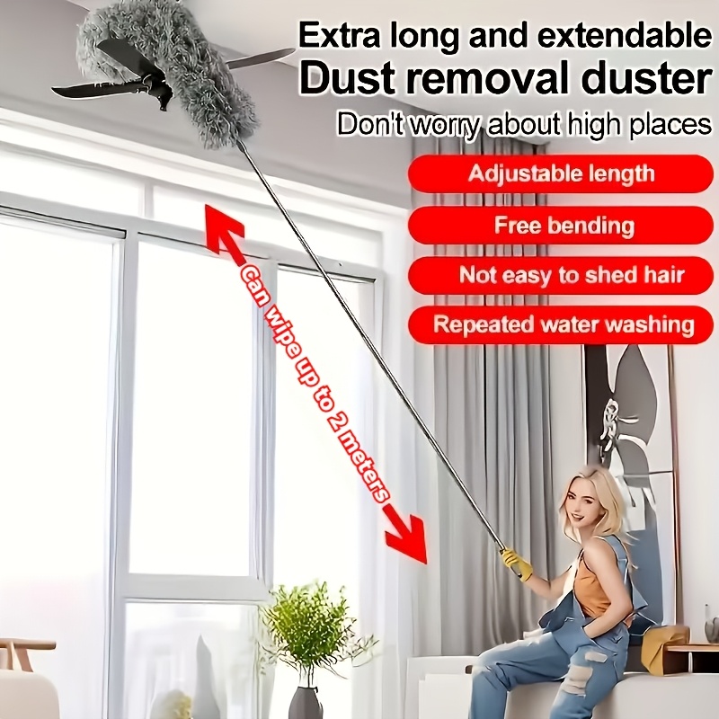 extendable microfiber duster with   head telescopic pole adjustable length free   bending stainless   reusable washable lightweight manual ceiling fan furniture car   cleaning tool for home bedroom living room ideal holiday gift