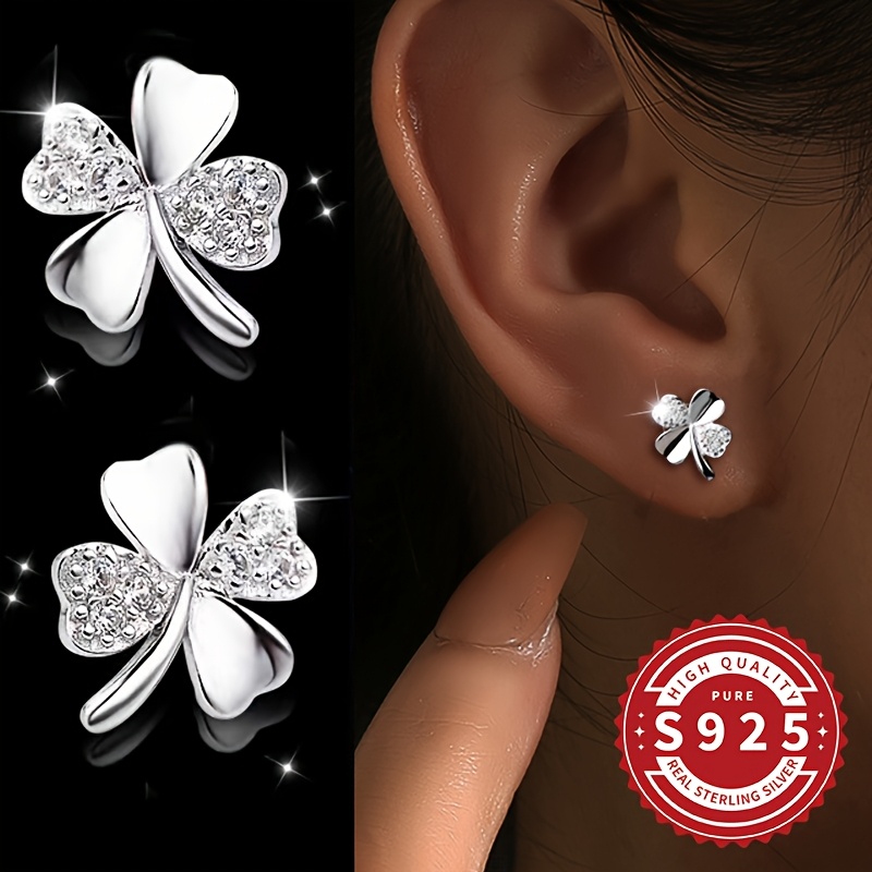 

1 Pair Elegant Classic Clover Stud Earrings, S925 Sterling Silver, Synthetic Cubic Zirconia, Hypoallergenic, Lightweight 1.13g, , Gifts, And Valentine's Day - All Vacation & Music Festival Accessory