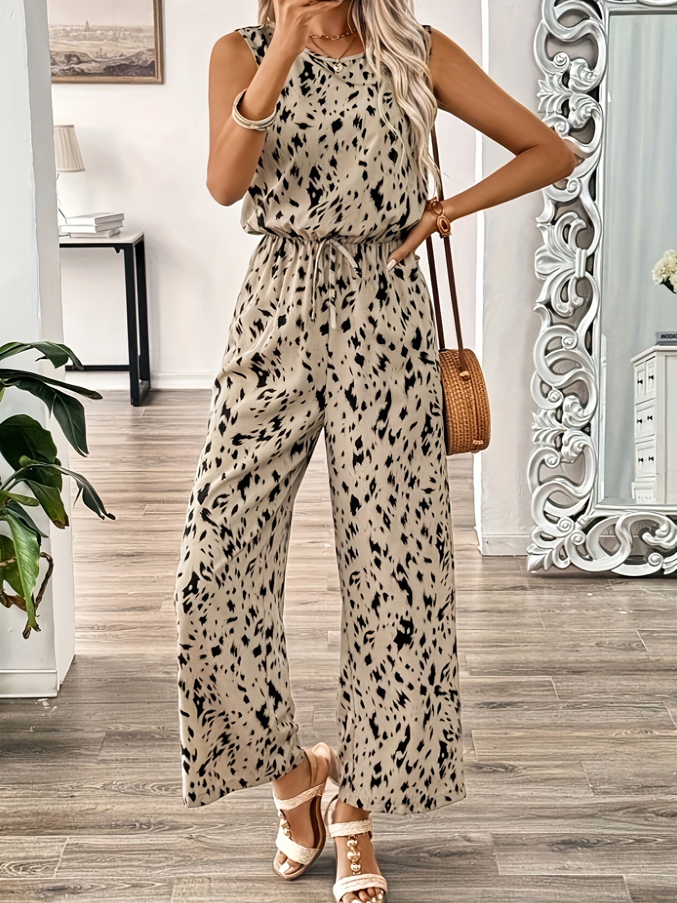 womens elegant cow print jumpsuit sleeveless round neck wide