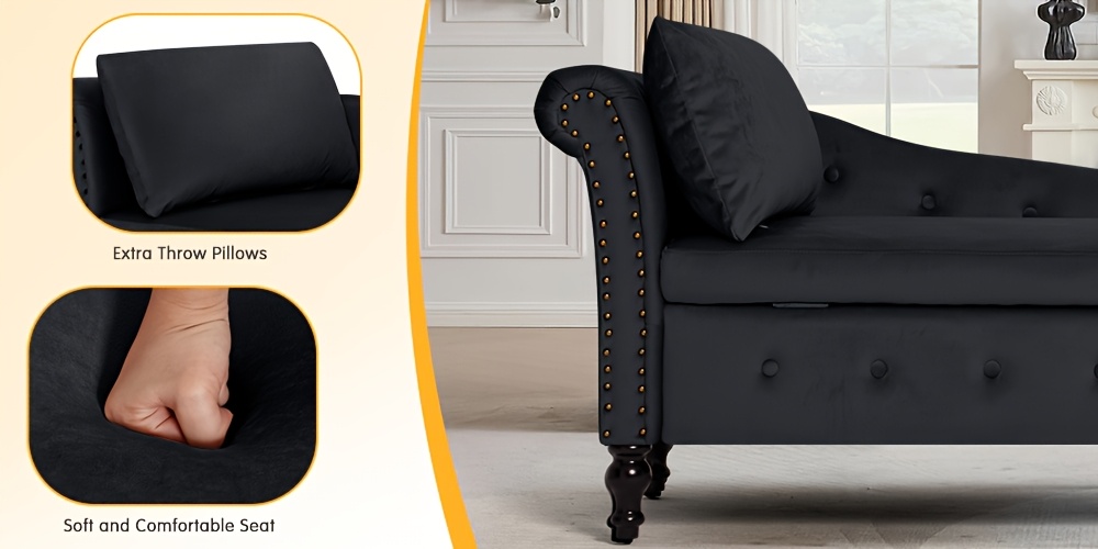 ACMEASE Fabric Chaise Lounge Featuring Left Armrest & Support Pillow, Button-Tufted Sofa with Storage, Indoor Lounge Chair, Contemporary Velvet Lounge Chair Suitable for Bedroom, Living Room, And Office