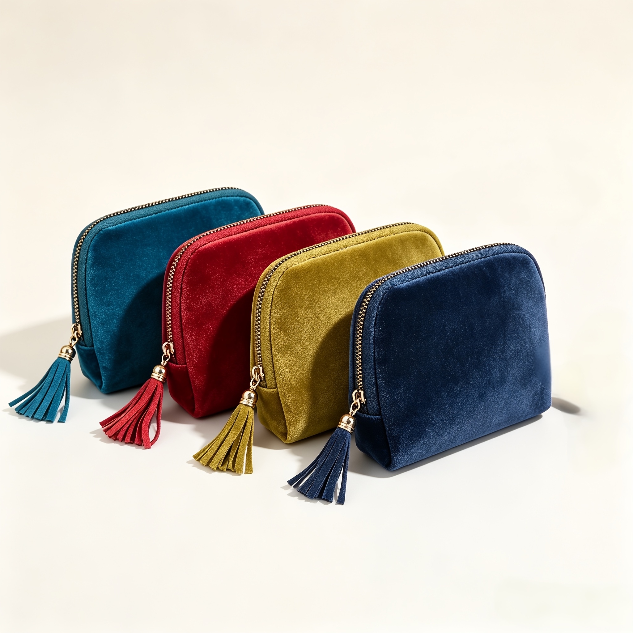 TEMU 4 pezzi Sacchetto piccolo in velluto con frange per trucco, Portamonete portatile con cerniera, Sacchetto per gioielli, Molteplici combinazioni