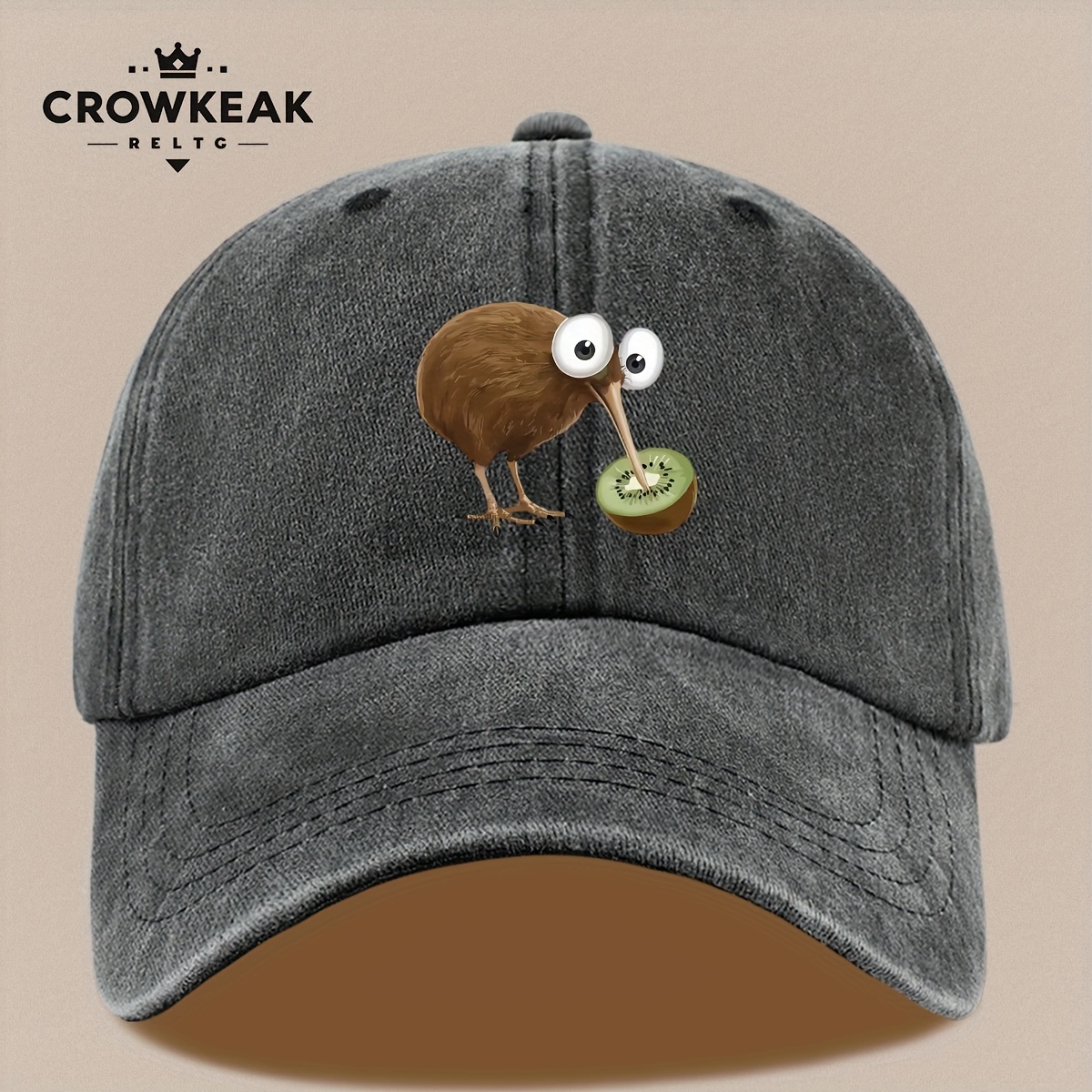 TEMU 1pc Unisex "bird Eating Kiwi" Print Baseball , Design Snapback, Distressed Vintage Trucker Dad Hat, Adjustable Size, Comfortable Lightweight