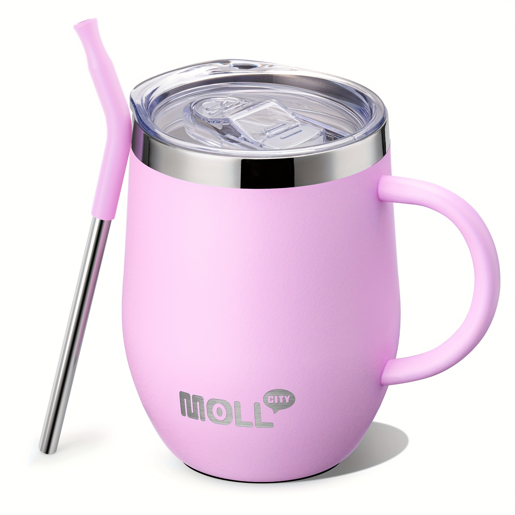 

12oz Stainless Steel Double Wall Vacuum Insulated Cup With And Straws-reusable Metal With Handle For Girls, (purple Pink)