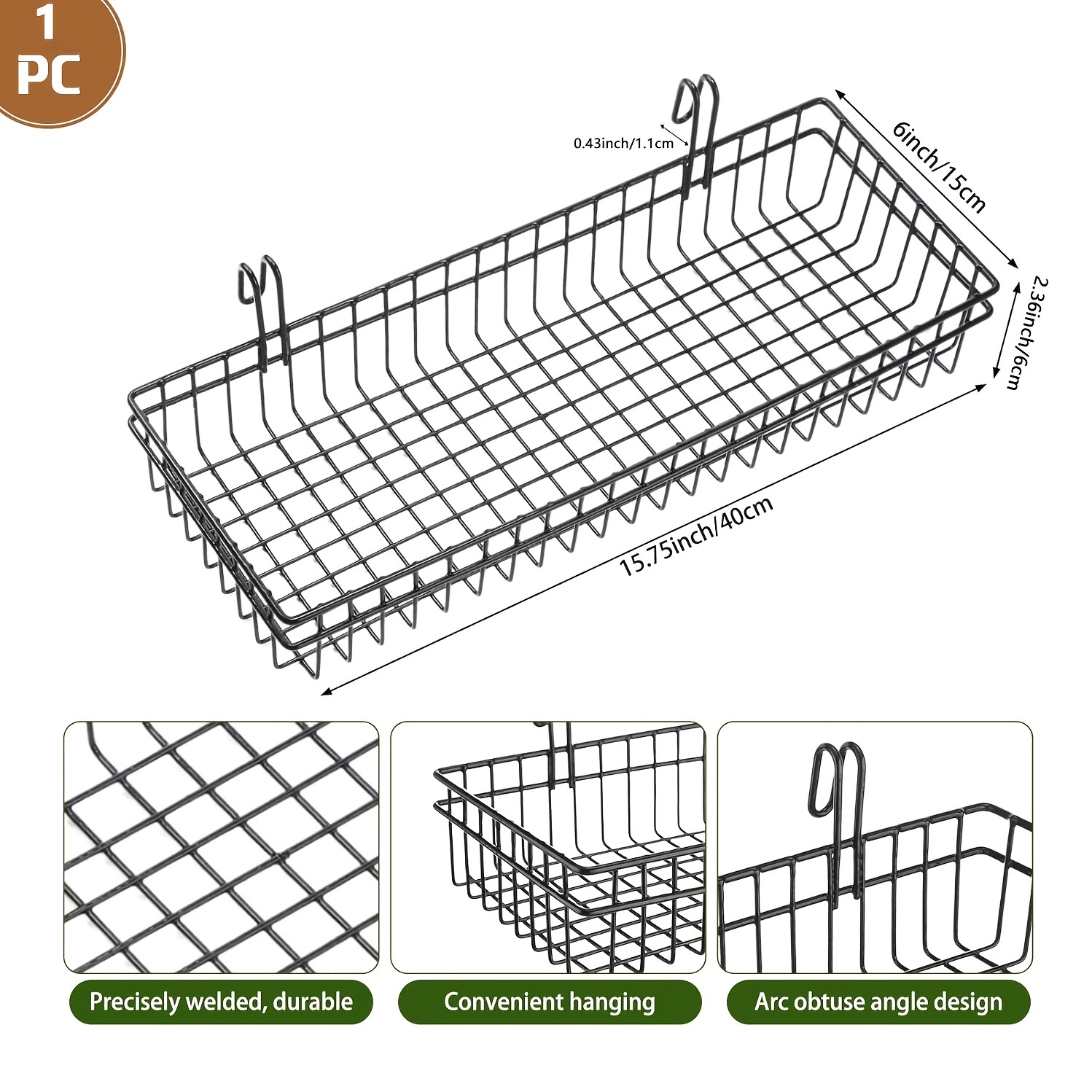 Modern Metal Wire Hanging Basket - Versatile Wall Grid Organizer For Plants, Home Decor & Kitchen Essentials, Fits Balcony Rails & Window Sills, 15.7x5.9x2.3 Inches