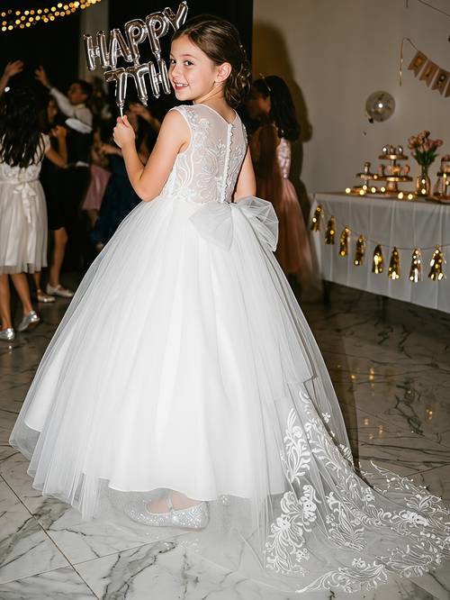 Girls Sleeveless Lace Train Dress, Gown with Large Bow for Weddings & Parties