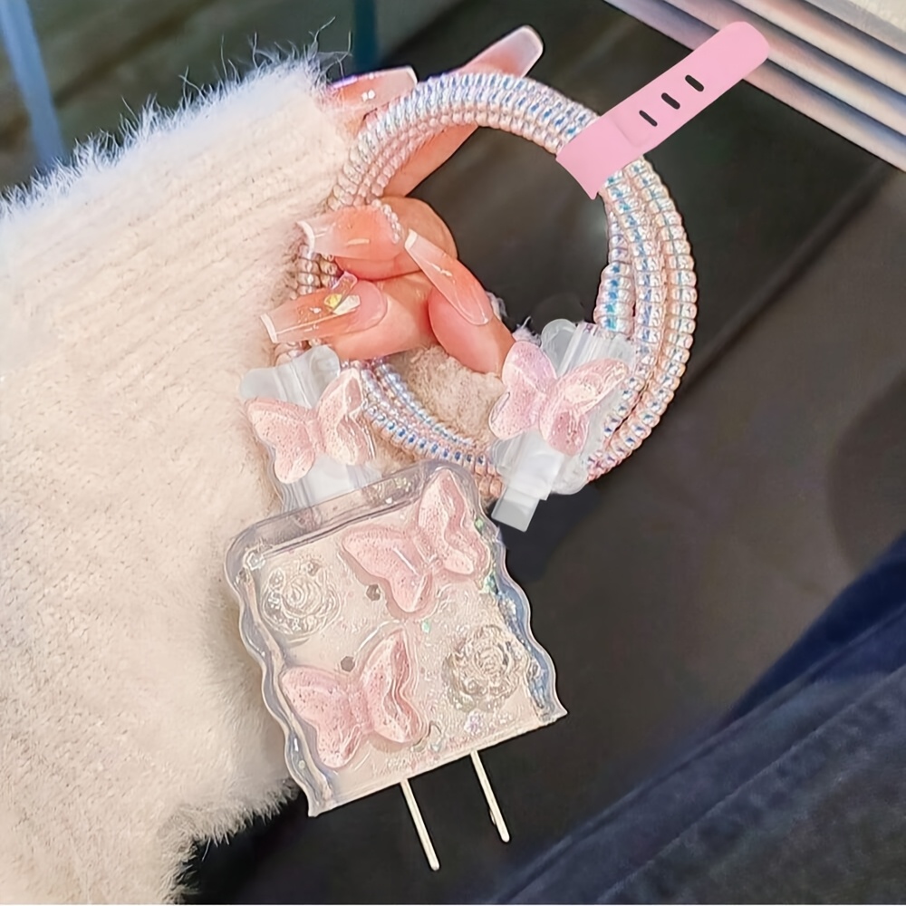 Image of 5pcs/epoxy Rose For Data Cable Protector For Iphone 18-20w Charger Protective Case Cover Anti-break