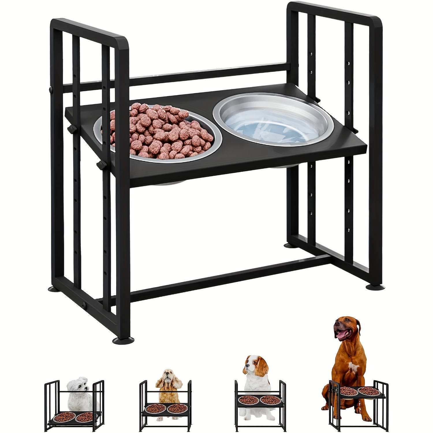TEMU Elevated Metal Dog Bowls For Medium Breed: 4 Height-adjustable Raised Dog Bowl Feeder Station With 2 Stainless Steel Bowls With Non-slip Mats