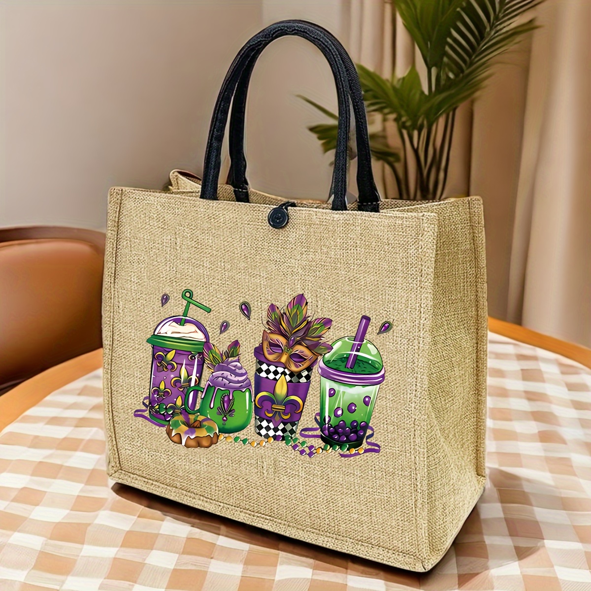 

Chic Mardi Gras Print Tote Bag - Lightweight, Elegant Casual Handbag For Women | Travel & Shopping | Khaki Linen Material With Clasp Closure