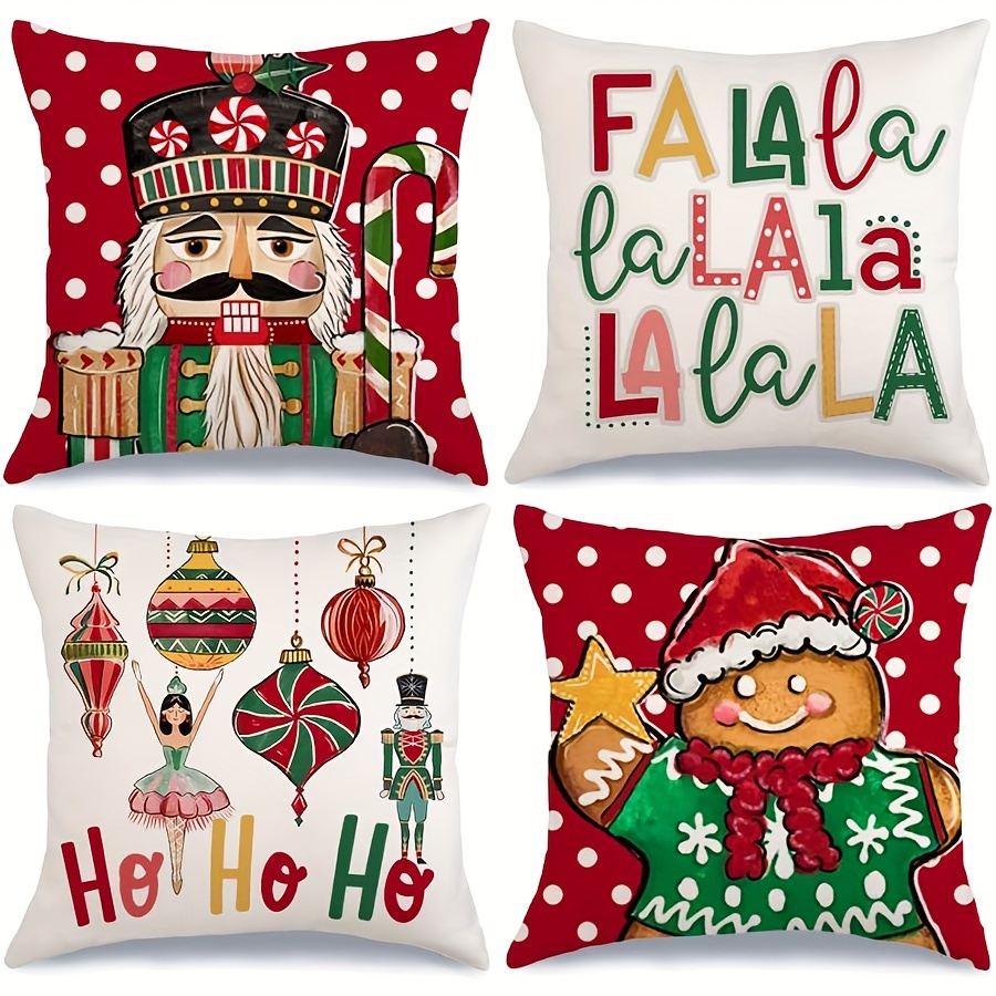 

4-pack Rustic Christmas Linen Throw Pillow Covers, Zippered Farmhouse Decorative Cushion Cases With Nutcracker, Gingerbread Man, Baubles & For Decor