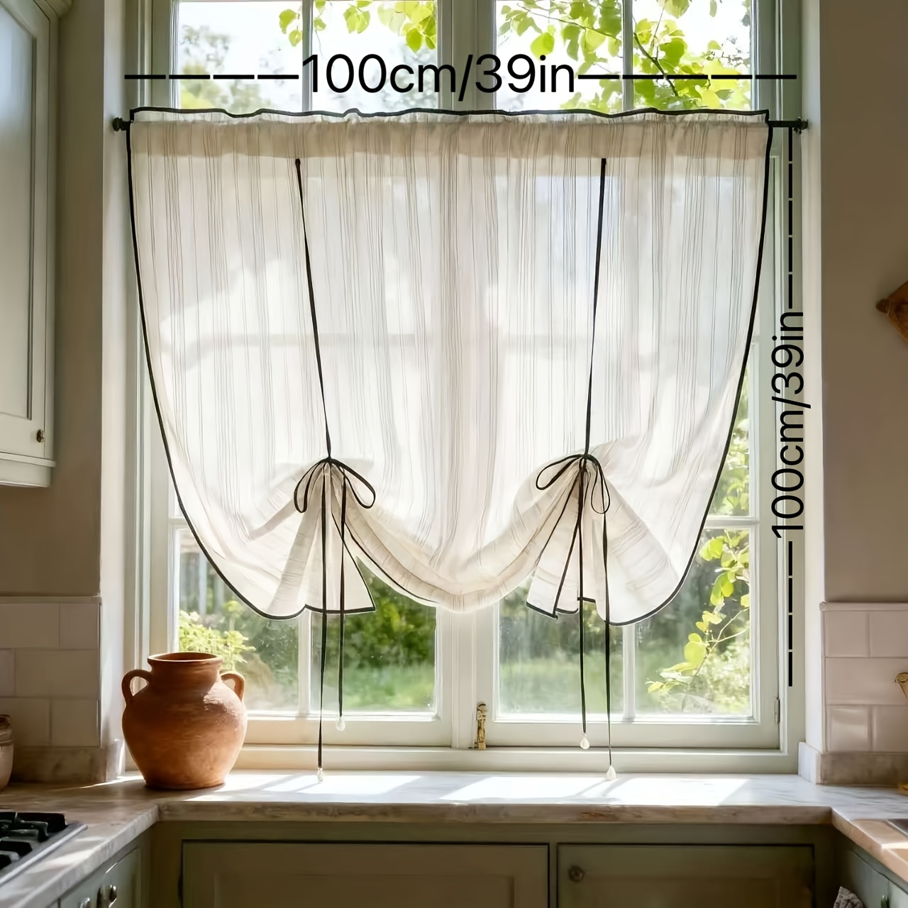 TEMU 1pc Japanese-style Vertical Stripe Sheer Curtain With Black Piped Trim, Villa/farmhouse Vintage-style Sheer Tulle Short Curtain With Rod Pocket