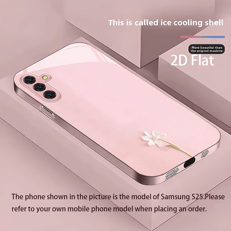 TEMU Phone Case - 2d Flat Minimalist Foundation Floral New Metallic Paint Tempered Glass Phone Case For Galaxy S25 Ultra S25  S25 S24 Ultra S24  S24
