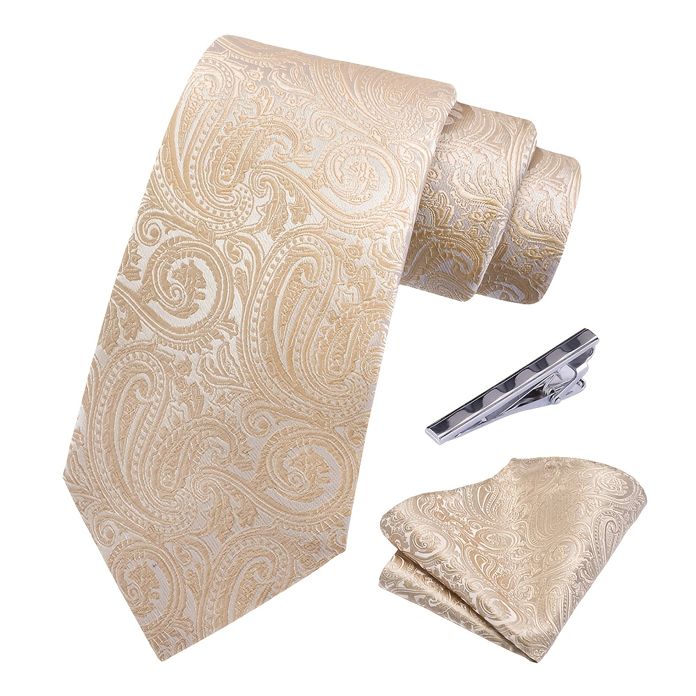 TEMU 3.15inch Width Paisley Men Tie 3pcs Set | Necktie Pocket Square Tie Clip Combo | Multiple Colors Option | Formal Business Wedding Party Suit