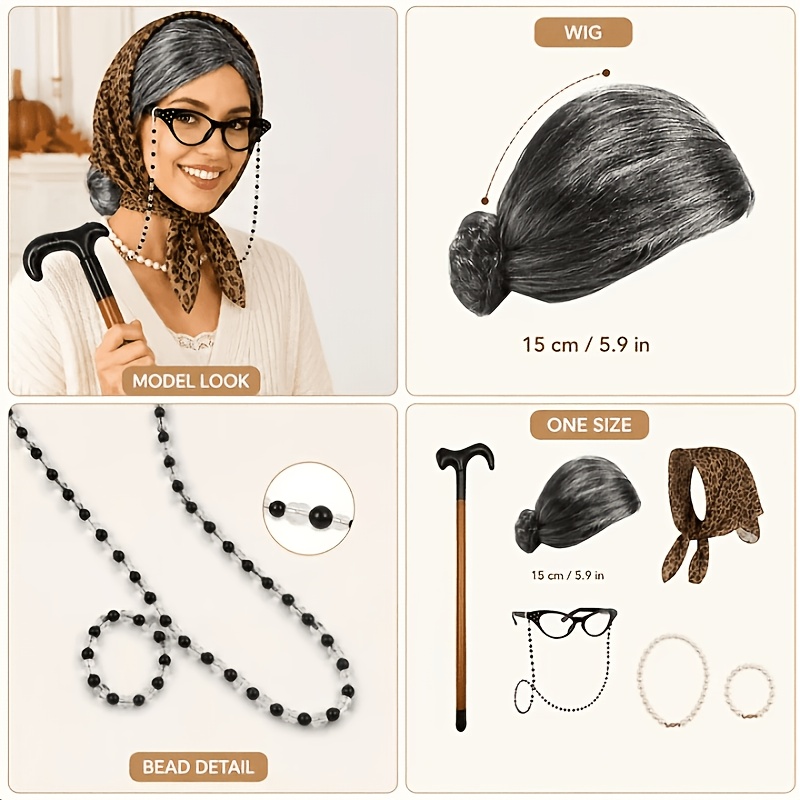 7pcs Grandma Costume Set with Pearl Jewelry