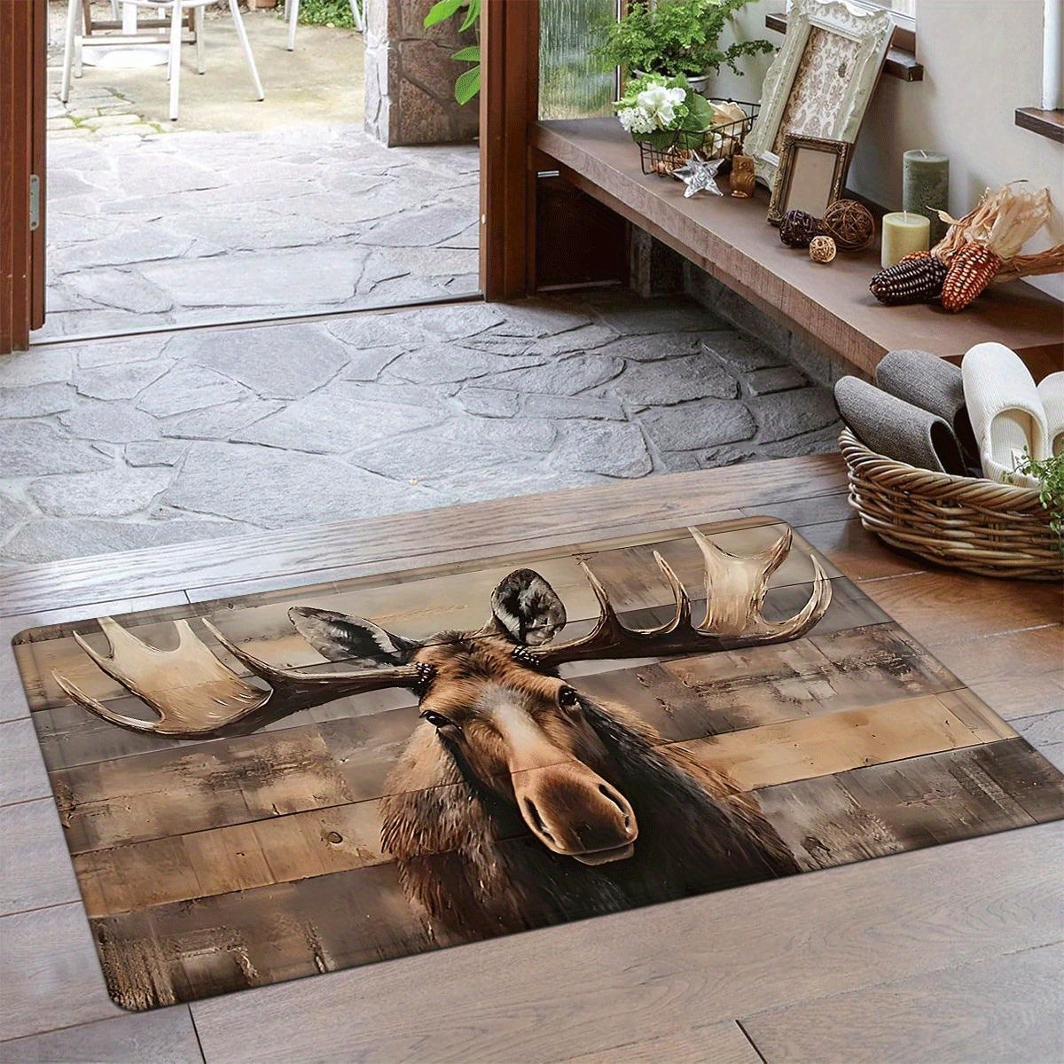 TEMU 1pc Moose & Rustic Doormat - 1.2cm Thick Non-slip Polyester Mat, Machine Washable Absorbent Entryway Mat For Indoor/outdoor Use In Kitchen,