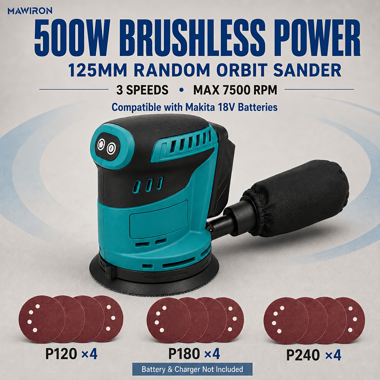 Image of Mawiron 500w Brushless Cordless Random Orbit Sander, 125mm 3-speed Sander, Max 7500 Rpm, Dust Bag And 12 Sanding Discs, Compatible With Makita 18v Batteries, Tool For Wood And Metal