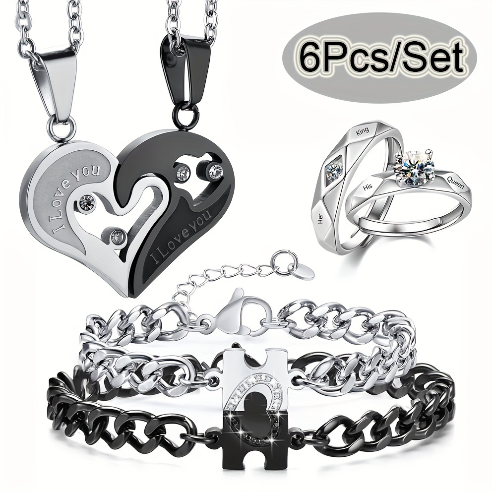 TEMU 6pcs/ Set Couple Jewelry Set - Matching Pendant Necklace, Bracelets, And For Women And Men - For , 's Day, And