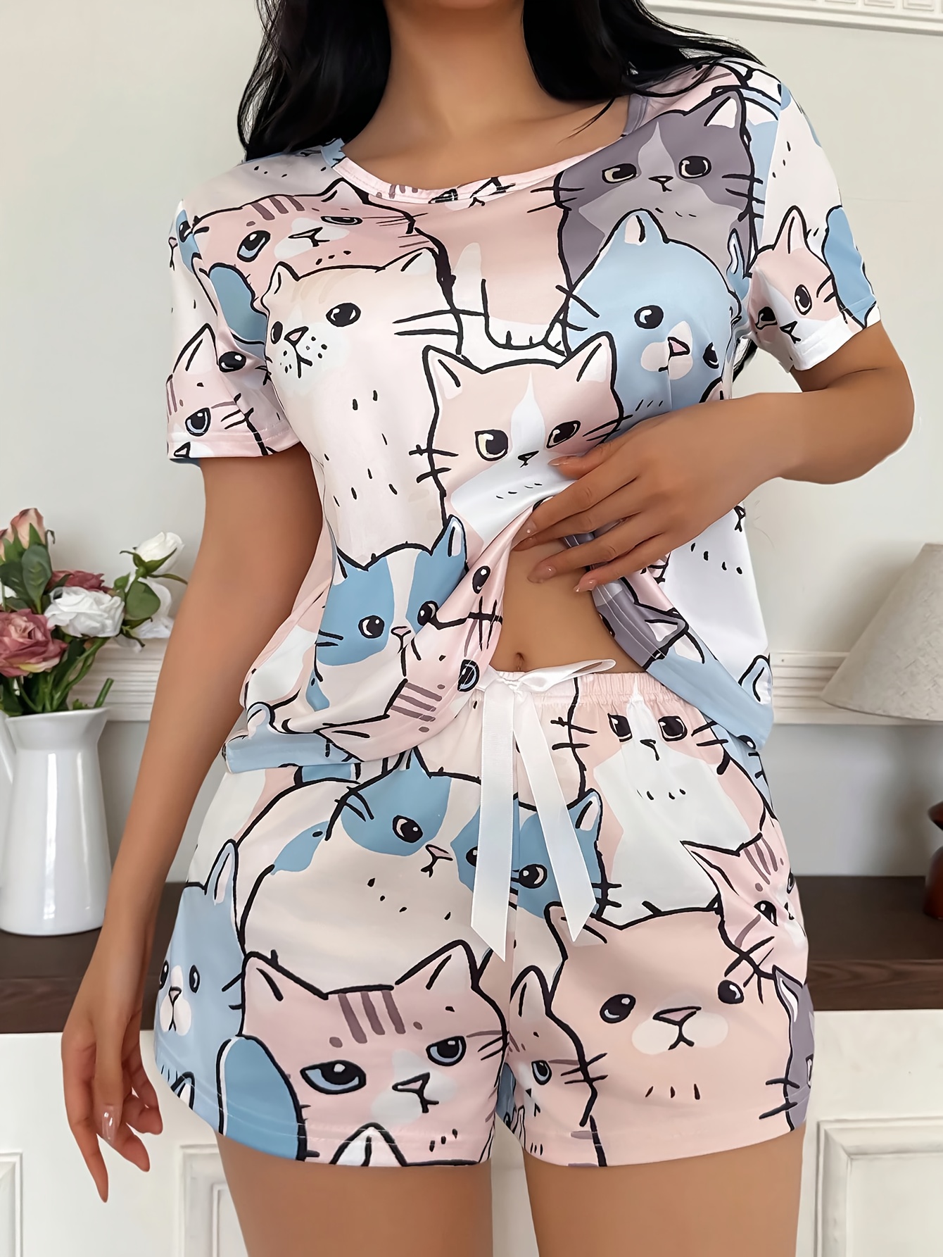 Women's 2pcs Pajama Set, Casual and Cute Cat-Themed Pajama Set, Soft Loose-Fit Top with Elastic-Waist Wooden Shorts, Machine Washable and Dry Cleanable, the Perfect Pajama Choice, Elegant Set for Festive Elegant Women's Wear