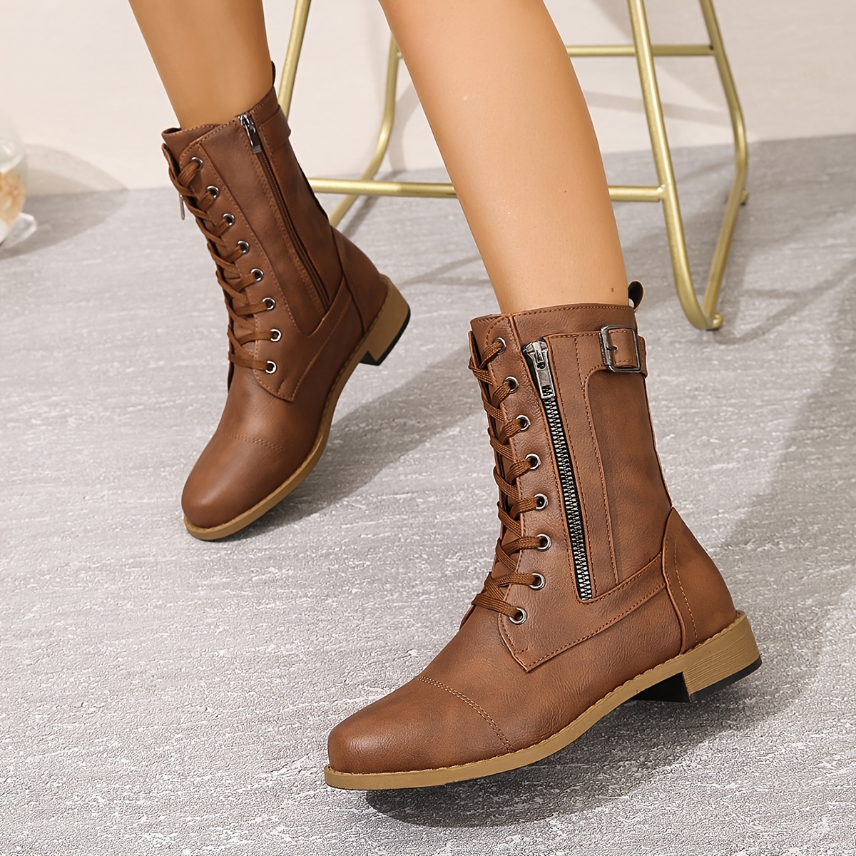 Damen Braune Kunstleder Rundkopf-Reitstiefel mit Schnallenriemen  Reißverschluss, Spitzschuh Gummisohle Gepolsterte Einlegesohle,  Langlebige