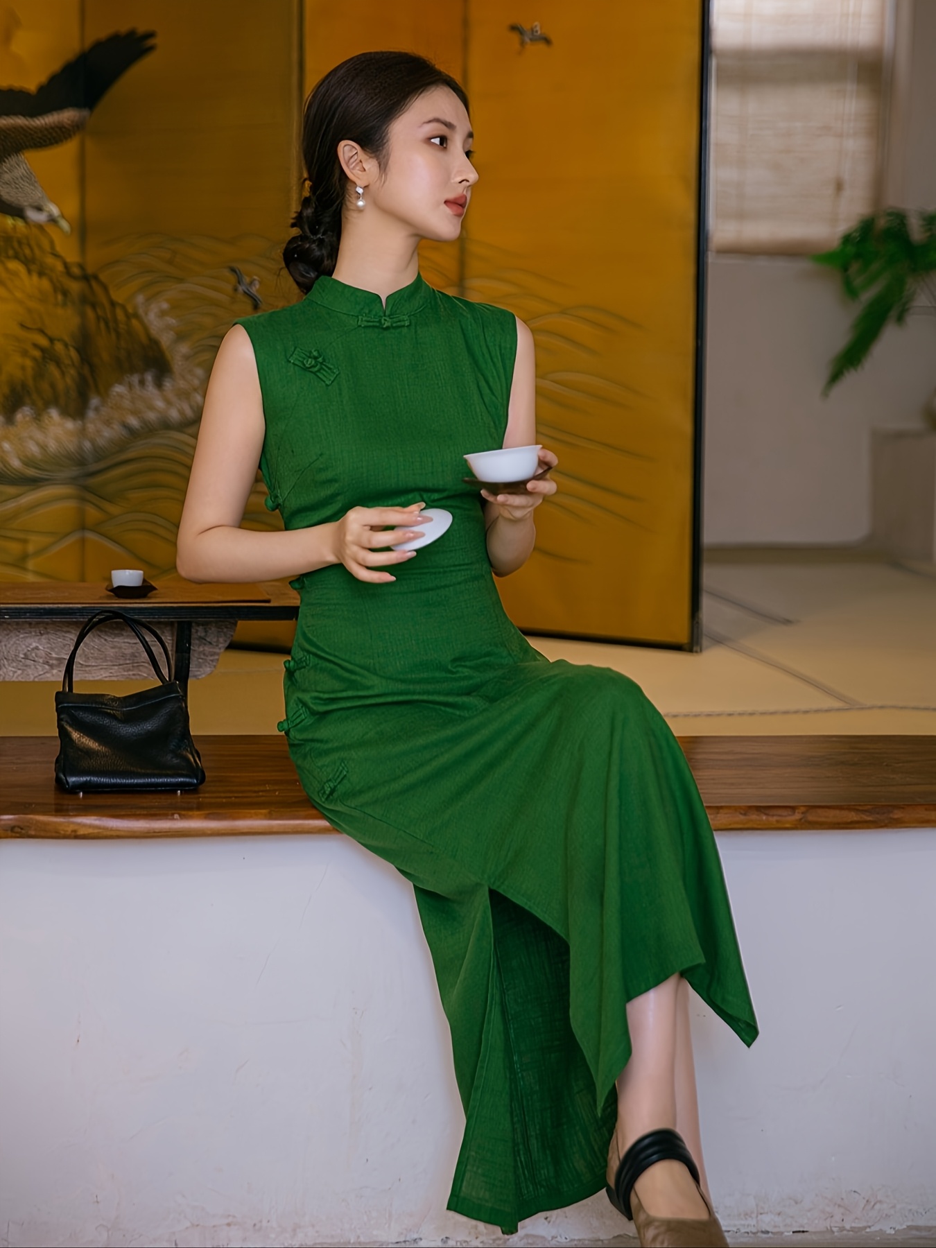 hollister green floral dress Cream\ Light Green Floral Embroidered Ao Dai Modern main image 0