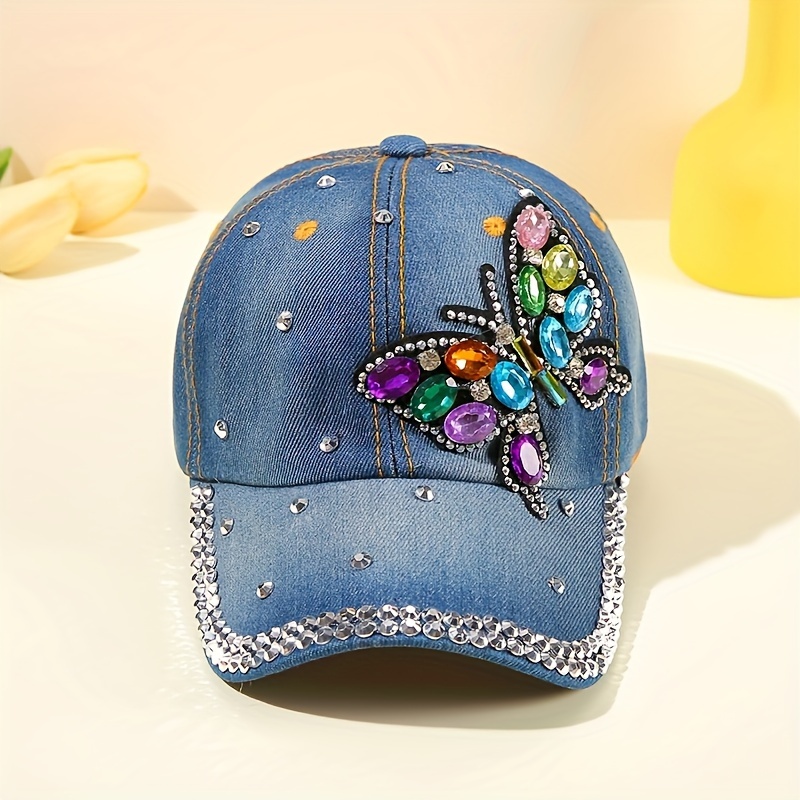 

1pc Stylish Denim Baseball Cap Butterfly Pattern Rhinestone Dad Hat Sun Protection Outdoor Hats For Women
