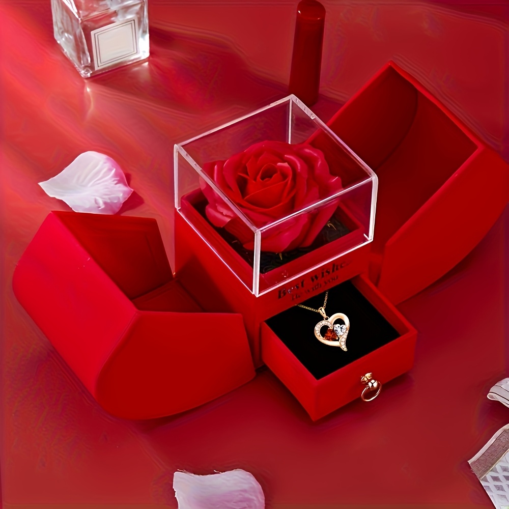Elegant Light Luxury Artificial Rose Gift Box with Heart Necklace - Perfect for Wife, Lover, Friend or Bestie | Christmas Present Idea, Party Favor & Celebration Keepsake, Romantic Gesture, Stylish Accessory, Metal Jewelry, Durable Material, Sentimental Jewelry